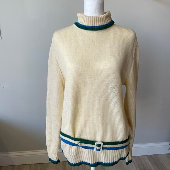Women's Vintage Cream Turtleneck Knit Sweater with Striped Belt Retro Ski Twee - Picture 1 of 8